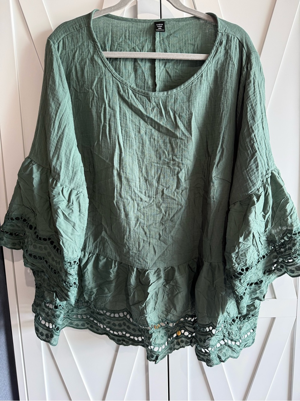 SHEIN Sage Green Eyelet-Trim Ruffle Tunic